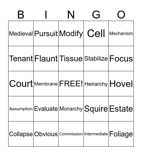 Vocabulary Grade 7 Mid-Year Review Bingo Card