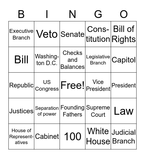 Branches of Government Bingo Card