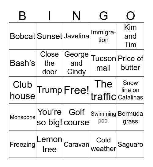 Tucson Bingo Card