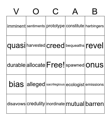 Vocabulary Bingo Card