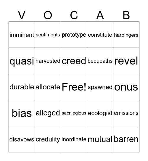 Vocabulary Bingo Card