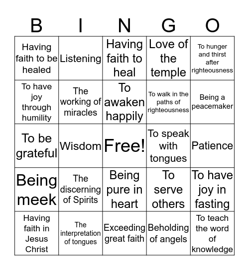 Gifts of the Spirit Bingo Card