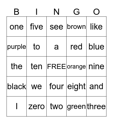 Turkey Sight Word  Bingo Card