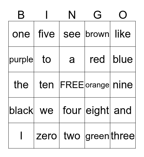 Turkey Sight Word  Bingo Card