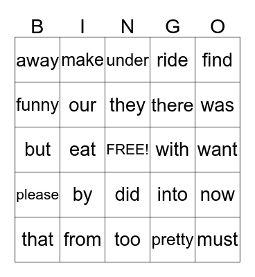 Kindergarten Sight Word Bingo 4 Bingo Card