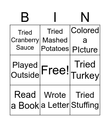 Thanksgiving Break Bingo Card