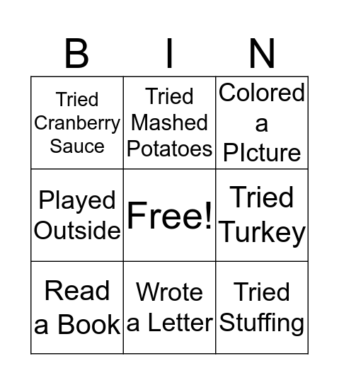 Thanksgiving Break Bingo Card