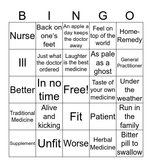 Health Idioms Bingo Card