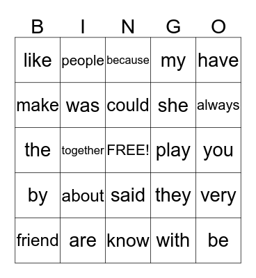 Sight Words Bingo Card