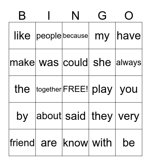 Sight Words Bingo Card