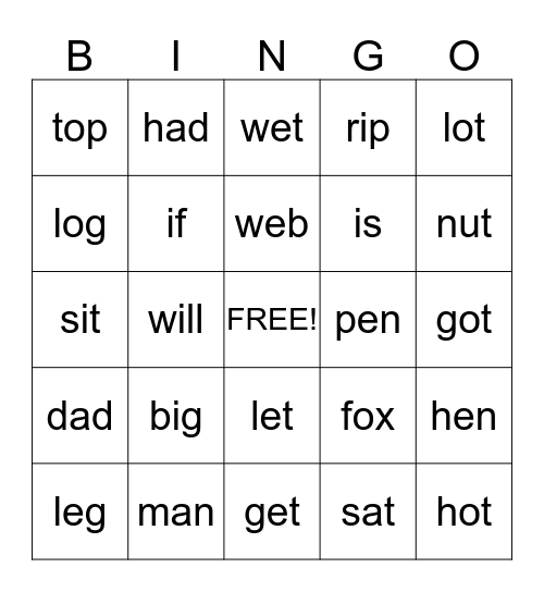 Spelling Word Bingo Card