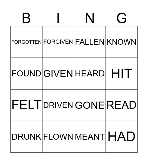 PAST PARTICIPLE VERBS Bingo Card