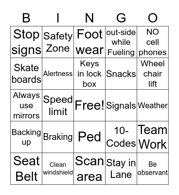 Shuttle Safety Bingo Card