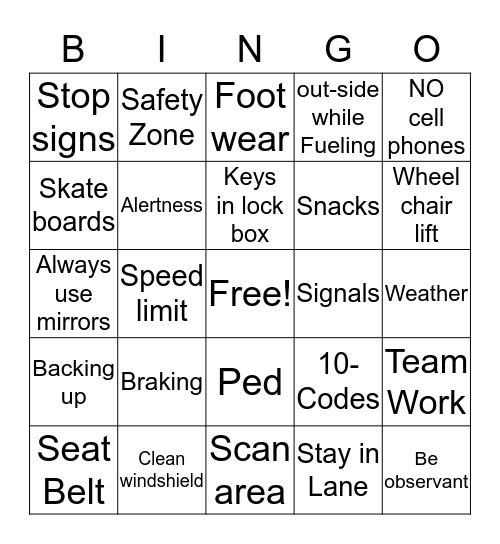 Shuttle Safety Bingo Card