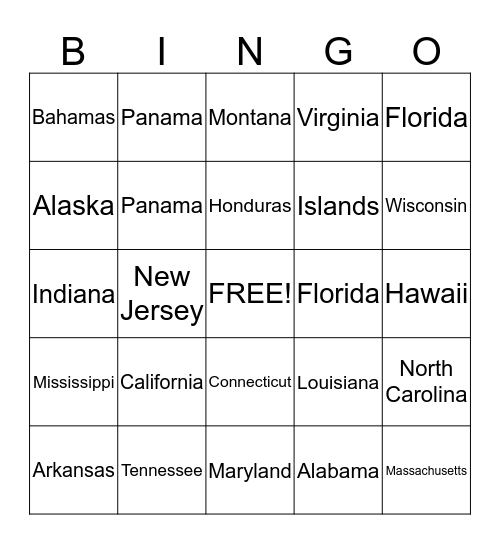 North America Bingo Card