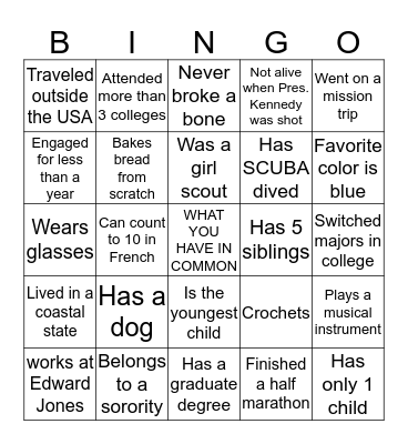 Who has these things in common with Denise Bingo Card