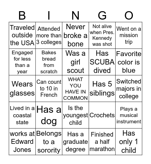 Who has these things in common with Denise Bingo Card