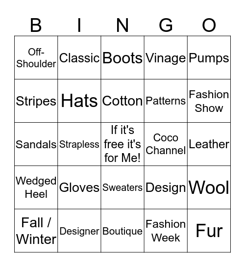 Fashion Bingo  Bingo Card