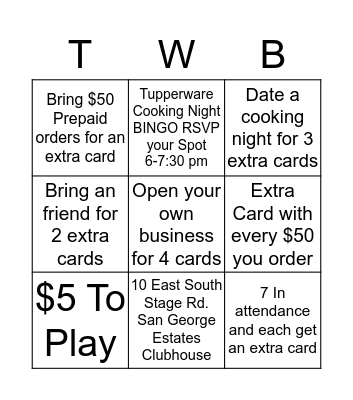 Tupperware Bingo Card