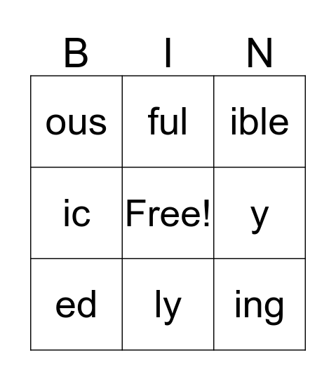 Suffix bingo Card