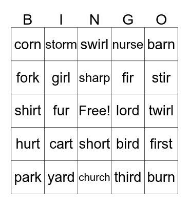 Book-3-unit-3-R-controlled vowels-ar,or,ir Bingo Card