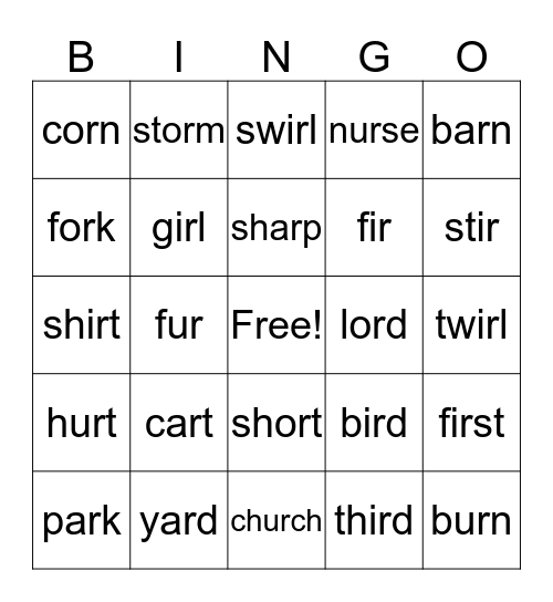 Book-3-unit-3-R-controlled vowels-ar,or,ir Bingo Card