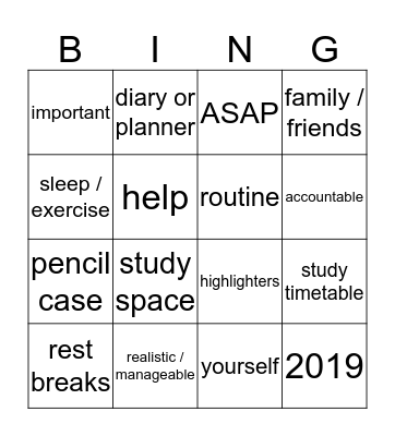 Holiday Homework Bingo Card