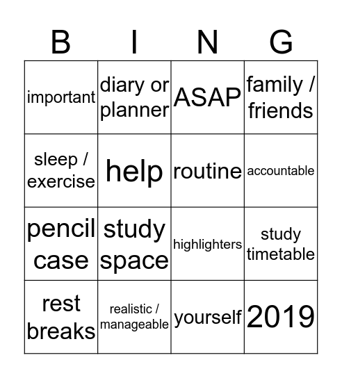 Holiday Homework Bingo Card