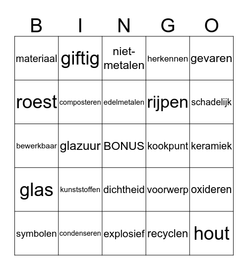 Stoffen en Materialen Bingo Card