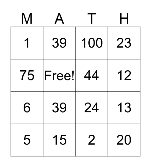 Algebra Bingo Card