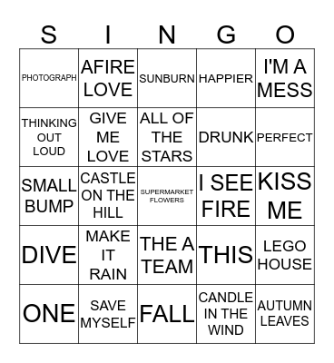 #5 THE BEST OF ED SHEERAN Bingo Card