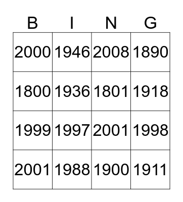 Years Bingo Card