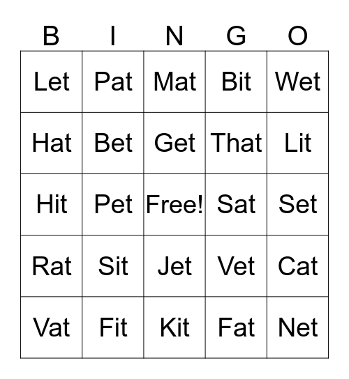 Sight Words Bingo Card