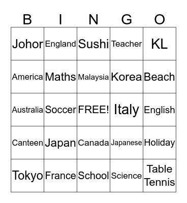 Holiday Bingo Card