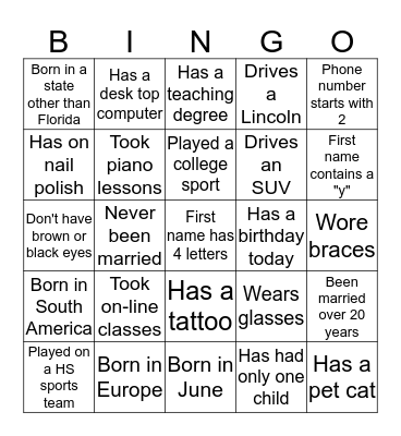 GETTING TO KNOW YOU Bingo Card