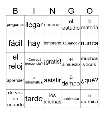 SP 1 - U2L1 vocabulario Bingo Card