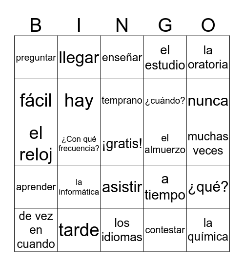 SP 1 - U2L1 vocabulario Bingo Card