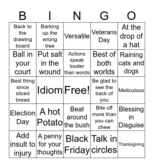 IDIOMS Bingo Card
