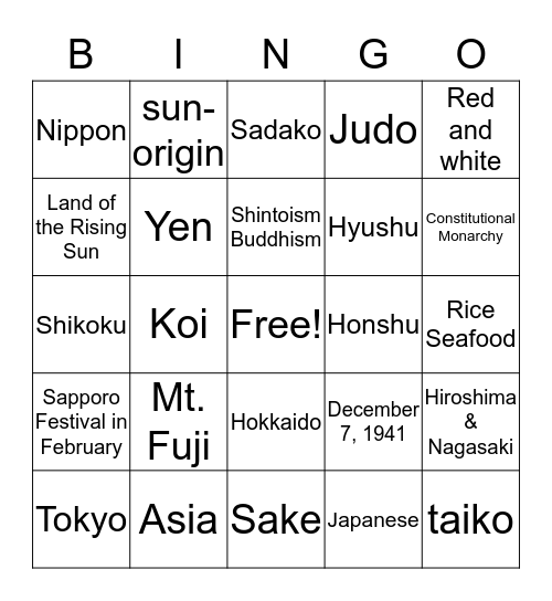 World Tapestries: Japan Bingo Card