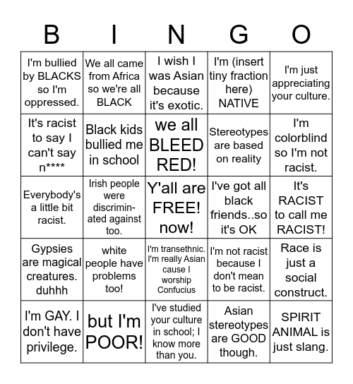 White Privilege Bingo Card