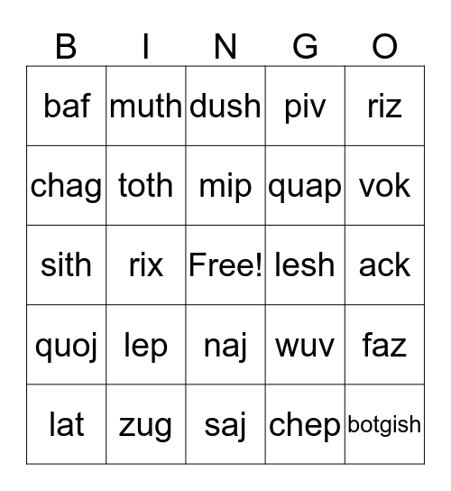 Nonsense Word Bingo Card