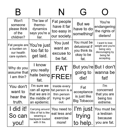 Fat Hating Bingo Card