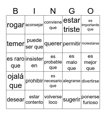 W.E.D.D.I.N.G. verbs for Subjunctive  Bingo Card