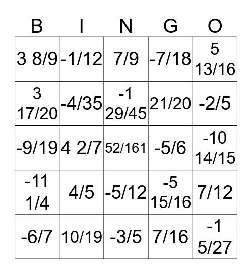 Multiplying/Dividing Fractions Bingo Card