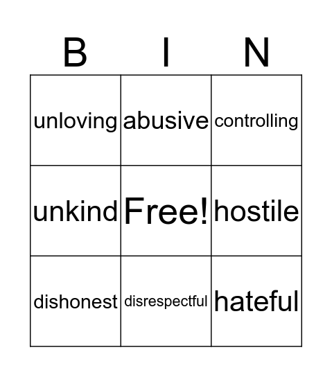 Unhealthy Relationship Bingo Card