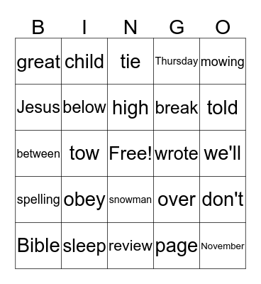 Nathan's Spelling BINGO  Bingo Card