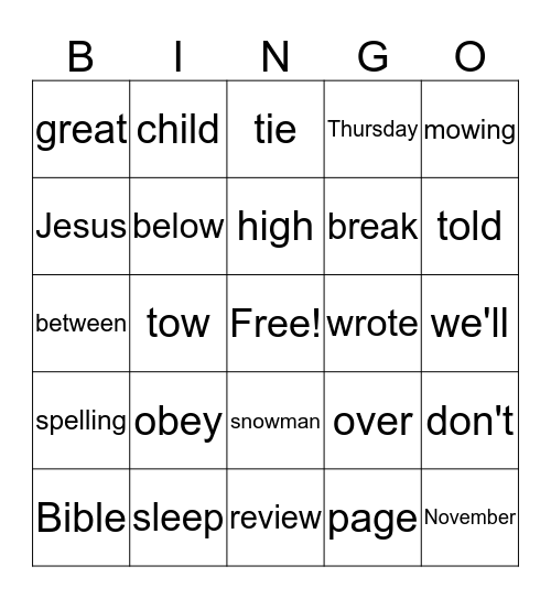Nathan's Spelling BINGO  Bingo Card
