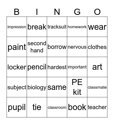 Vocabulary Bingo theme 2 Bingo Card