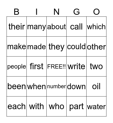 FRY WORDS LEVEL 1 Bingo Card