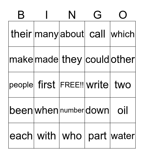 FRY WORDS LEVEL 1 Bingo Card